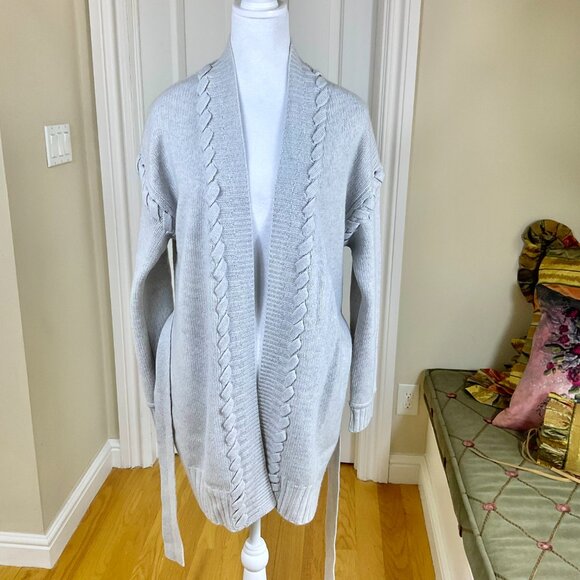 Magaschoni Sweater Cardigan Cashmere Long Line Belted Braid Detail Gray (S) - Picture 2 of 8